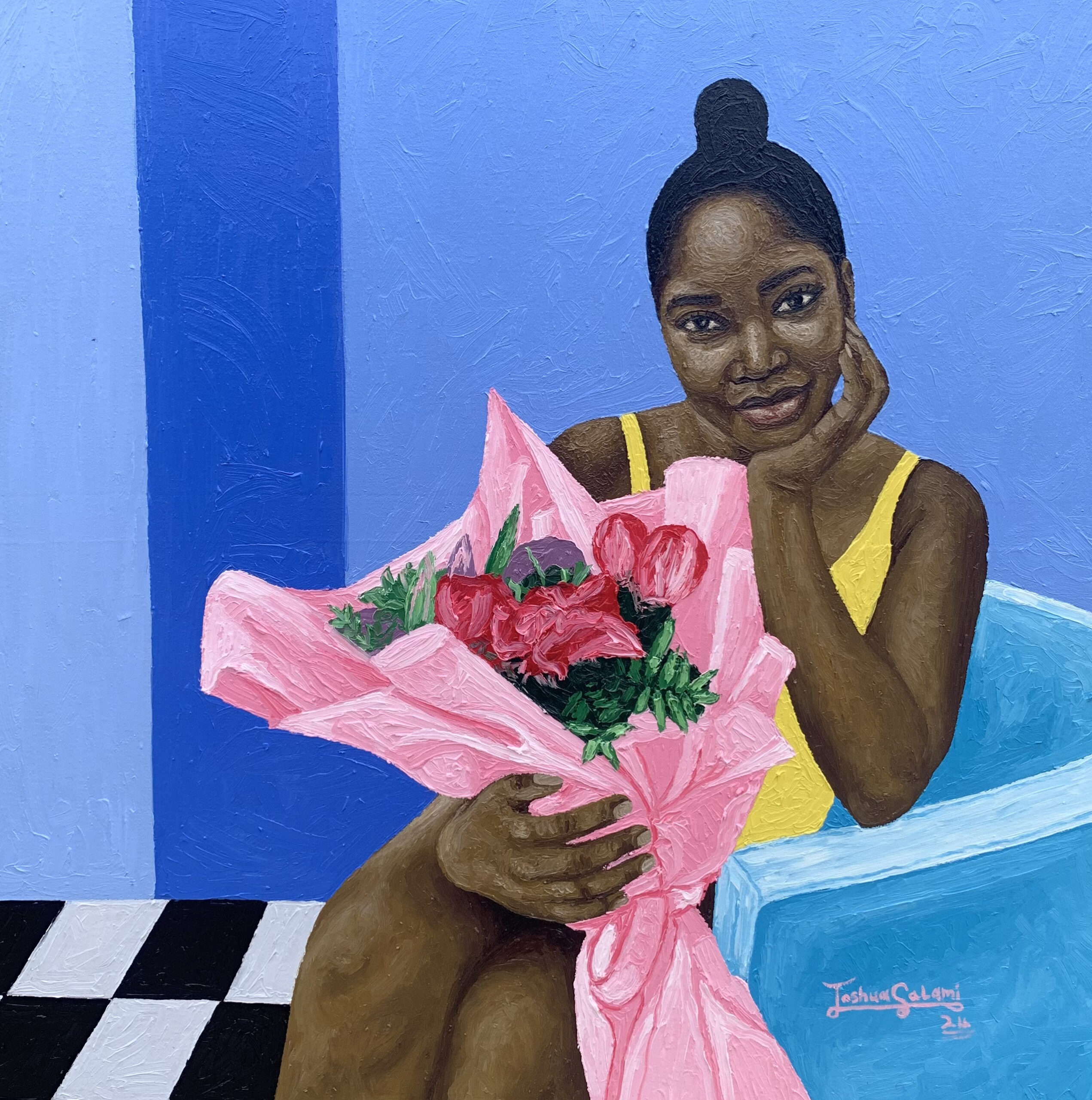 Moment He Gave Me Flowers - 21st Century, Contemporary, Landscape, Women, Love, 2024